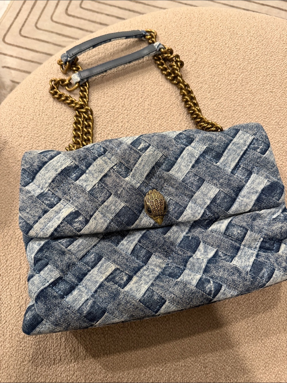 Kurt Geiger Blue Woven Denim Shoulder Bag with Gold Chain
